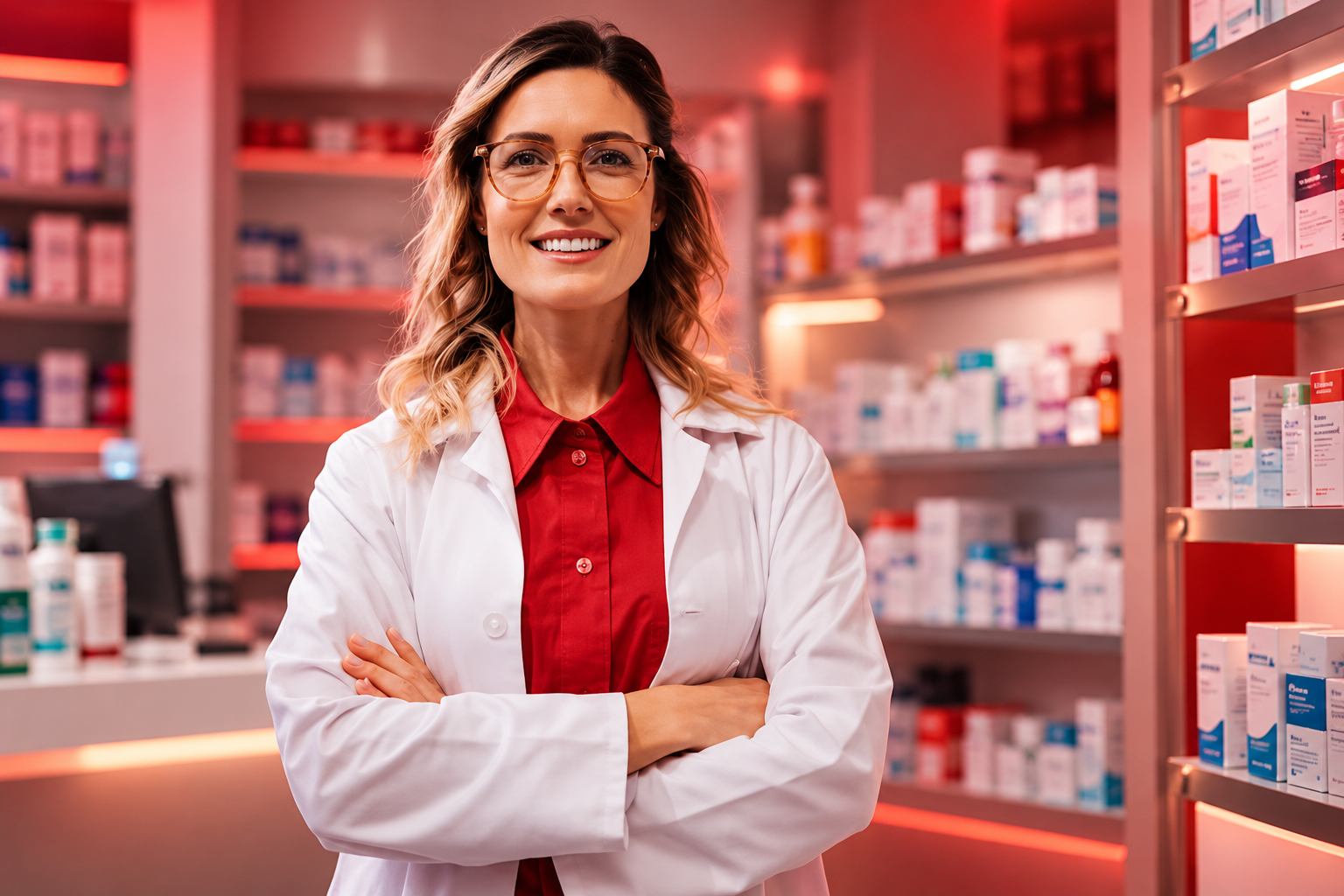 Farmacêutica sorridente de óculos e jaleco, braços cruzados, em uma farmácia